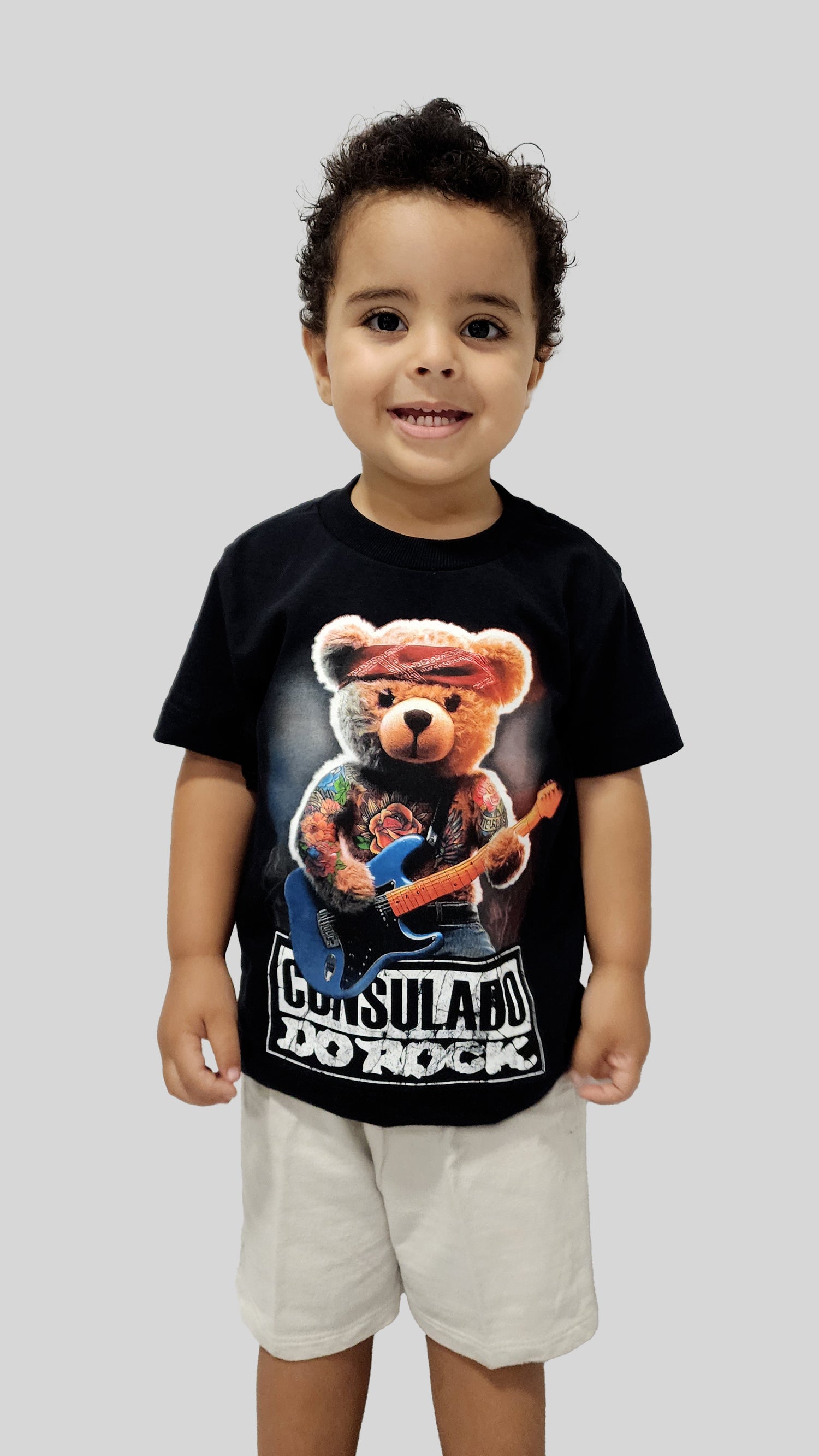 Camiseta Manga Curta Infantil Consulado Do Rock Ursinho Heavy Metal